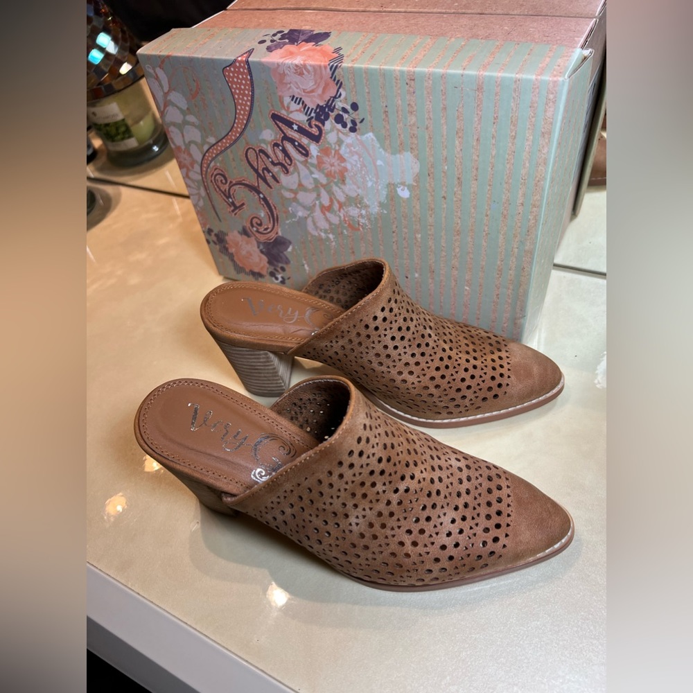 Very G laser cut faux sueded heeled slides mules Size 8